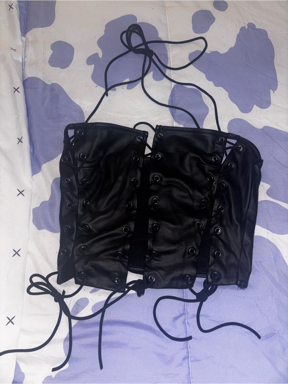 SHEIN Black Lace-Up Faux Leather Corset Top